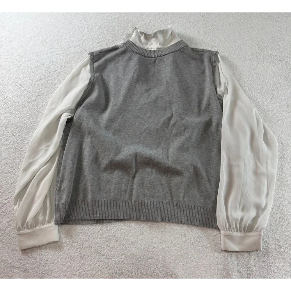 Adrianna Papell Mixed Media Cardigan Grey Knit White Chiffon Sleeve Pearl Button